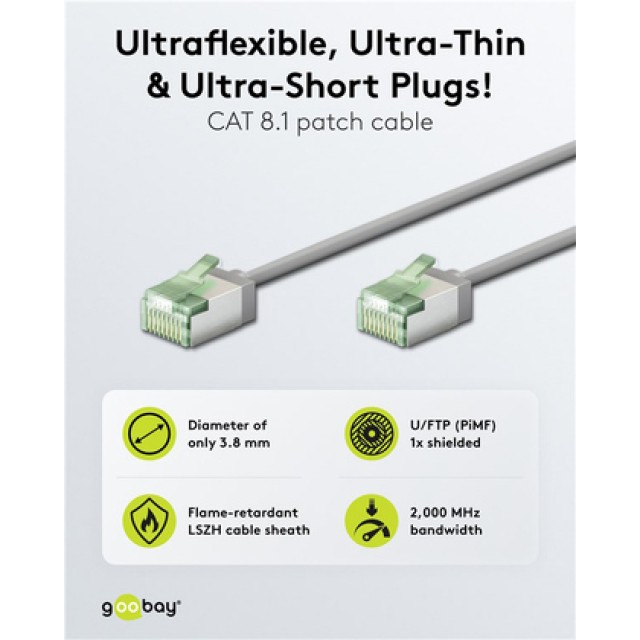 GOOBAY καλώδιο δικτύου 74343, CAT 8.1 U/FTP, slim, copper, 2000MHz, 0.15m, γκρι GOOBAY καλώδιο δικτύου 74343, CAT 8.1 U/FTP, slim, copper, 2000MHz, 0.15m, γκρι