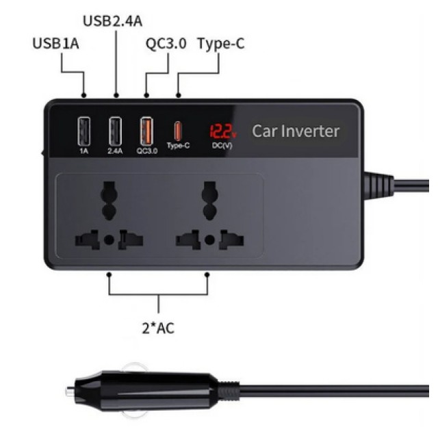POWERTECH inverter αυτοκινήτου PTL-023, 200W, 12V DC σε 220V AC, με USB-C/3x USB