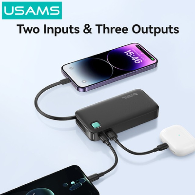USAMS power bank CD225 με καλώδιο Lightning, 2x θύρες εξόδου, 10000mAh, 20W, μαύρο
