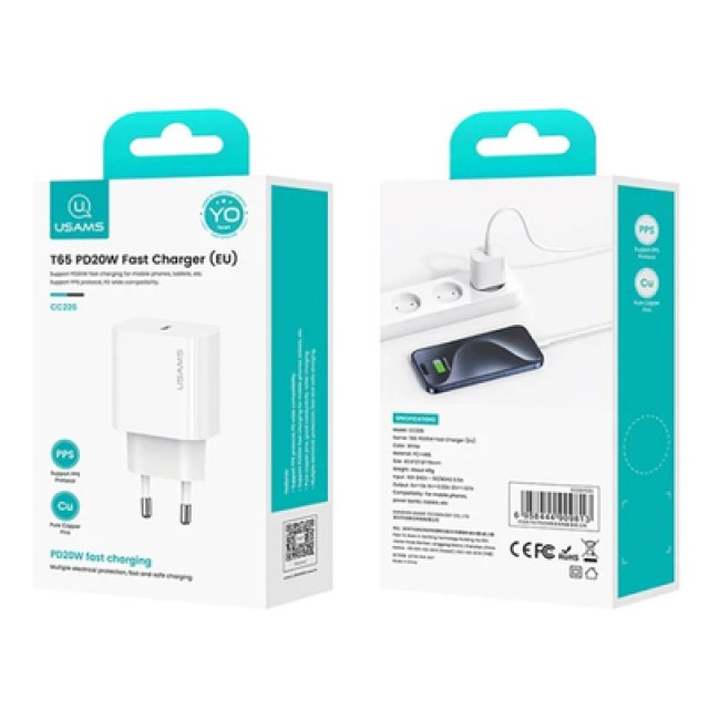 USAMS φορτιστής τοίχου CC226, USB-C, 20W, λευκός