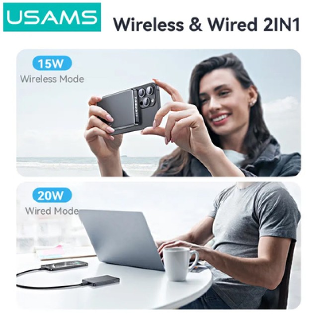 USAMS power bank CD242, magnetic wireless, USB-C έξοδος, 10000mAh, 20W, γκρι