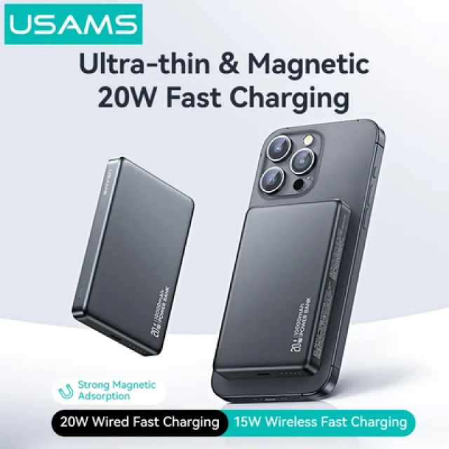 USAMS power bank CD242, magnetic wireless, USB-C έξοδος, 10000mAh, 20W, γκρι