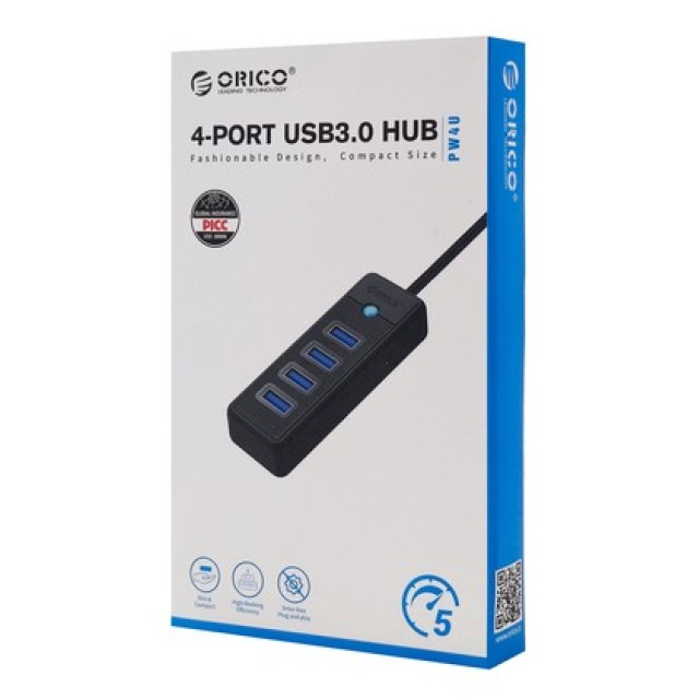 ORICO USB hub PW4U-C3, 4x θυρών, USB 3.0, 5Gbps, USB-C σύνδεση, μαύρο