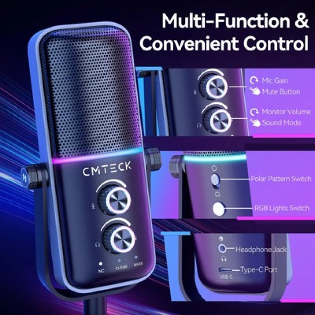 CMTECK επιτραπέζιο μικρόφωνο XM600, omnidirectional/καρδιοειδές, USB, RGB LED, μαύρο