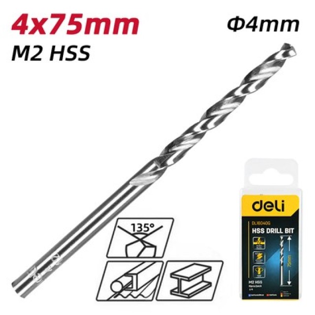 DELI σετ τρυπάνια DL16040G για μέταλλο, M2 HSS, 4x75mm, 10τμχ DELI σετ τρυπάνια DL16040G για μέταλλο, M2 HSS, 4x75mm, 10τμχ