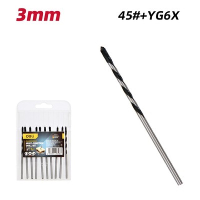 DELI σετ τρυπάνια DH-BWZ003-E1 για τοίχο/μέταλλο/ξύλο, 45# YG6X, 3x80mm, 10τμχ