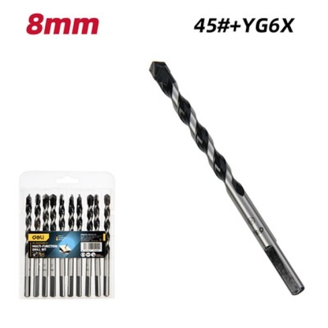 DELI σετ τρυπάνια DH-BWZ008-E1 για τοίχο/μέταλλο/ξύλο, 45# YG6X, 8x105mm, τρίπλευρο, 10τμχ