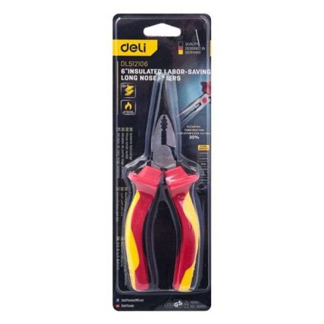 DELI μυτοτσίμπιδο ίσιο ηλεκτρολόγου DL512106 με αντιολισθητικές λαβές, VDE 1000V, 160mm
