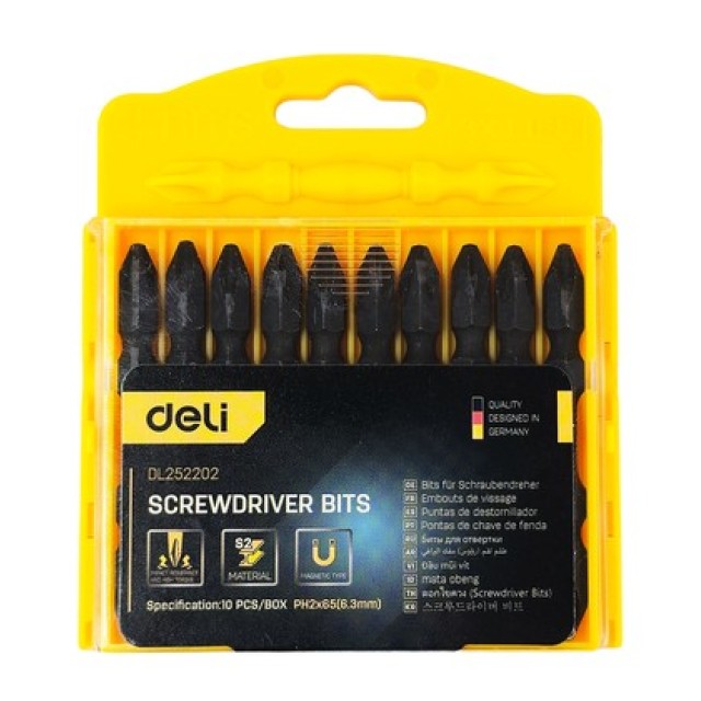 DELI σετ μύτες κατσαβιδιού DL252202 για δραπανοκατσάβιδο διπλή κεφαλή, σταυρωτές, PH2x65mm, 10τμχ DELI σετ μύτες κατσαβιδιού DL252202 για δραπανοκατσάβιδο διπλή κεφαλή, σταυρωτές, PH2x65mm, 10τμχ