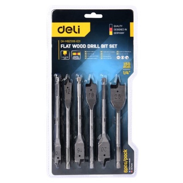 DELI σετ τρυπάνια φτερού DH-MBZ006-ED1 για ξύλο, χάλυβας άνθρακα, 10/12/16/18/20/25mm, εξάγωνο, 6τμχ DELI σετ τρυπάνια φτερού DH-MBZ006-ED1 για ξύλο, χάλυβας άνθρακα, 10/12/16/18/20/25mm, εξάγωνο, 6τμχ