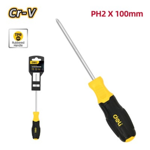 DELI κατσαβίδι σταυρωτό DL636100N με αντιολισθητική λαβή, μαγνητικό, PH2x100mm DELI κατσαβίδι σταυρωτό DL636100N με αντιολισθητική λαβή, μαγνητικό, PH2x100mm