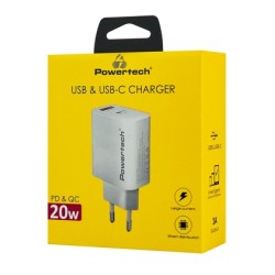 POWERTECH φορτιστής τοίχου PT-1493, USB/USB-C, 20W, λευκός