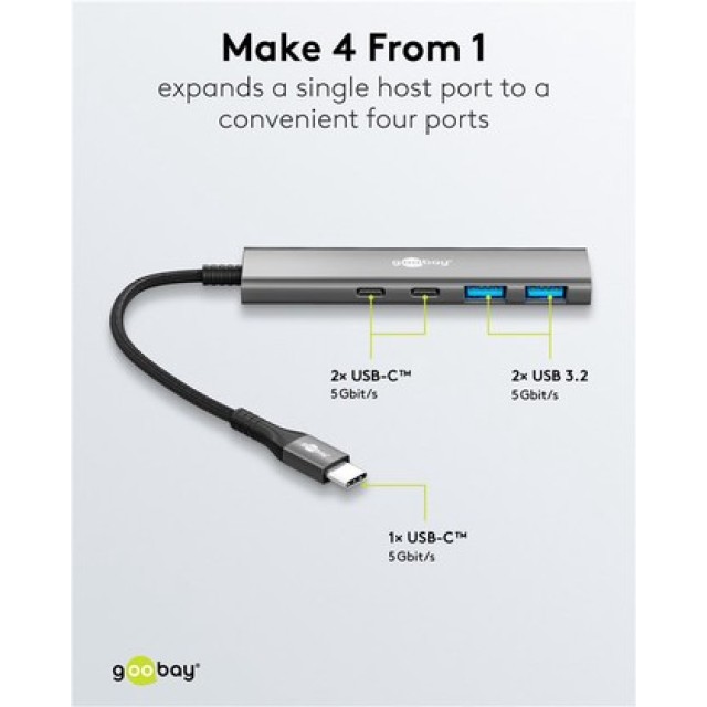 GOOBAY USB hub 76563, 4x θυρών, USB 3.2, 5Gbps, USB-C σύνδεση, γκρι