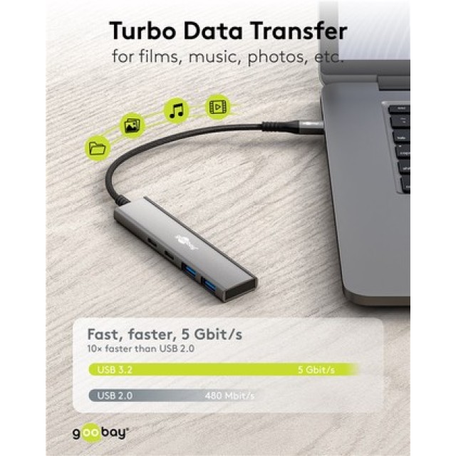 GOOBAY USB hub 76563, 4x θυρών, USB 3.2, 5Gbps, USB-C σύνδεση, γκρι