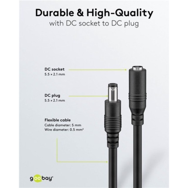 GOOBAY καλώδιο προέκτασης τροφοδοσίας 76635, 5.5x2.1mm, 1.5m, μαύρο GOOBAY καλώδιο προέκτασης τροφοδοσίας 76635, 5.5x2.1mm, 1.5m, μαύρο