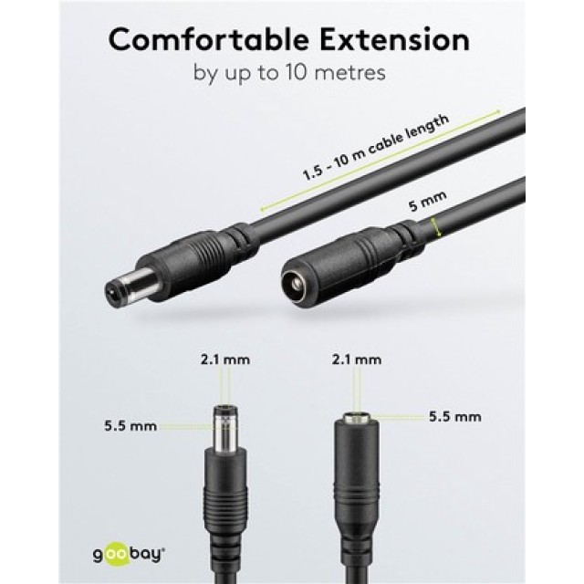 GOOBAY καλώδιο προέκτασης τροφοδοσίας 71399, 5.5x2.1mm, 3m, μαύρο GOOBAY καλώδιο προέκτασης τροφοδοσίας 71399, 5.5x2.1mm, 3m, μαύρο