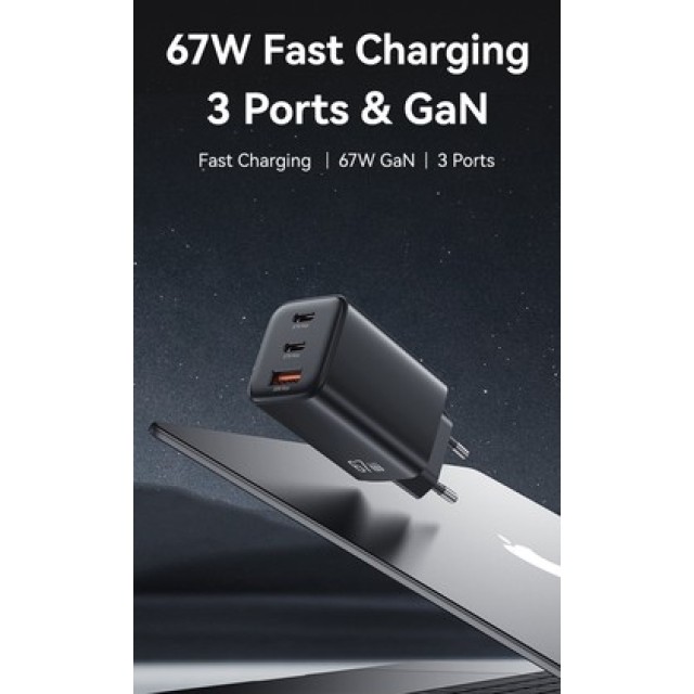 USAMS φορτιστής τοίχου CC265, USB & 2x USB-C, 67W, GaN, λευκός USAMS φορτιστής τοίχου CC265, USB & 2x USB-C, 67W, GaN, λευκός