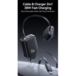 USAMS φορτιστής τοίχου CC296 με καλώδιο, USB & USB-C, 30W, μαύρος