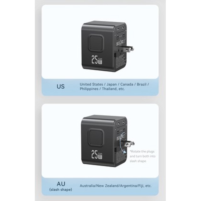 USAMS φορτιστής/αντάπτορας πρίζας CC309, USB & 2x USB-C, universal, 25W, μαύρος