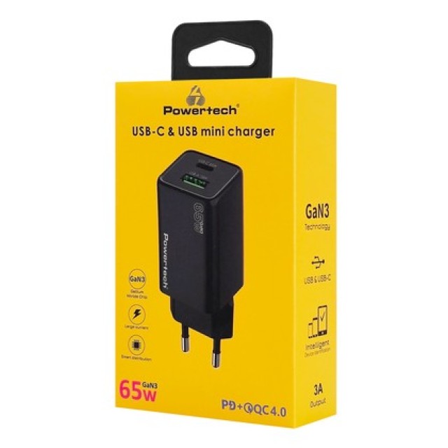 POWERTECH φορτιστής τοίχου PT-1501, USB/USB-C, 65W, GaN, μαύρος POWERTECH φορτιστής τοίχου PT-1501, USB/USB-C, 65W, GaN, μαύρος