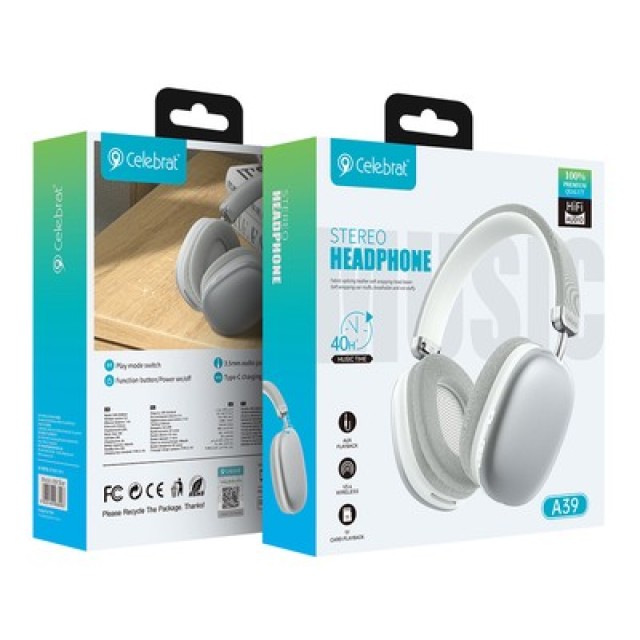CELEBRAT headphones A39, ασύρματα & ενσύρματα, micro SD, 40mm, 400mAh, ασημί CELEBRAT headphones A39, ασύρματα & ενσύρματα, micro SD, 40mm, 400mAh, ασημί