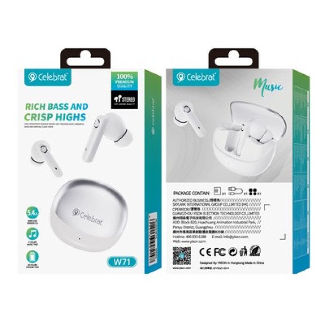 CELEBRAT earphones με θήκη φόρτισης W71, True Wireless, 10mm, 30/200mAh, λευκά CELEBRAT earphones με θήκη φόρτισης W71, True Wireless, 10mm, 30/200mAh, λευκά
