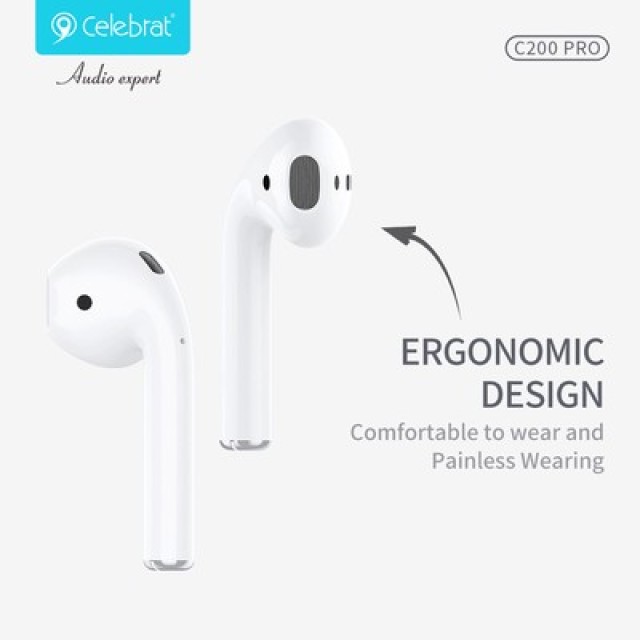 CELEBRAT earphones με θήκη φόρτισης C200 Pro, True Wireless, 13mm, 30/300mAh, λευκά CELEBRAT earphones με θήκη φόρτισης C200 Pro, True Wireless, 13mm, 30/300mAh, λευκά