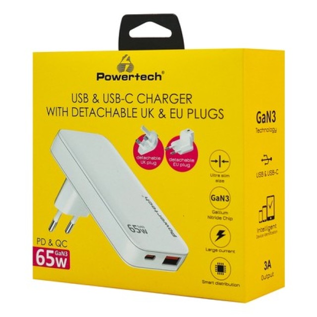 POWERTECH φορτιστής τοίχου PT-1532, EU/UK/CN βύσμα, USB/USB-C, 65W, GaN, λευκός POWERTECH φορτιστής τοίχου PT-1532, EU/UK/CN βύσμα, USB/USB-C, 65W, GaN, λευκός