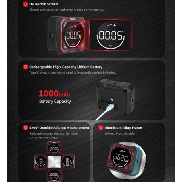 UNI-T ψηφιακό γωνιόμετρο laser LM320E, 4x90°, μαγνητικό σώμα, 1000mAh