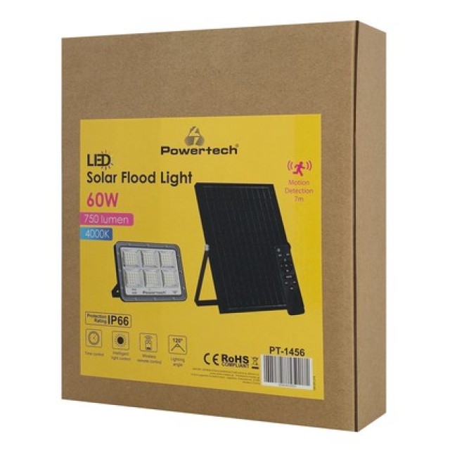 POWERTECH LED ηλιακός προβολέας PT-1456 με τηλεχειριστήριο, αισθητήρας κίνησης, 60W, 4000K, 750lm, IP66 POWERTECH LED ηλιακός προβολέας PT-1456 με τηλεχειριστήριο, αισθητήρας κίνησης, 60W, 4000K, 750lm, IP66