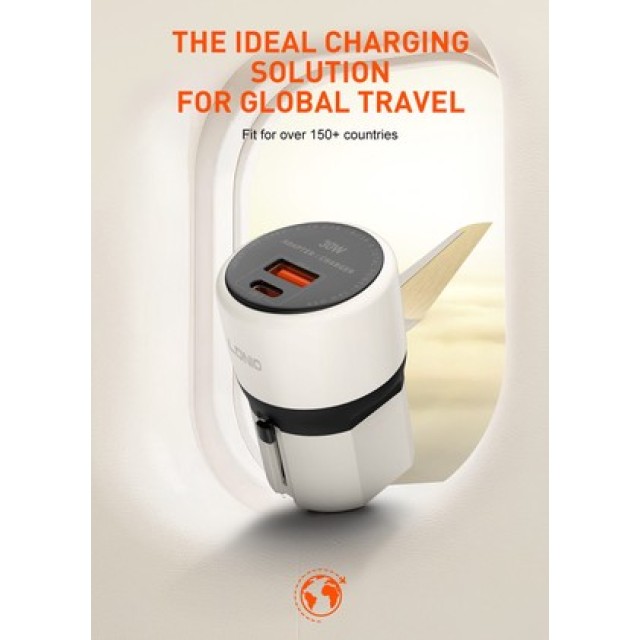 LDNIO φορτιστής τοίχου Q2319 με καλώδιο Lightning, EU/UK/US/AU βύσμα, USB/USB-C, 30W, γκρι