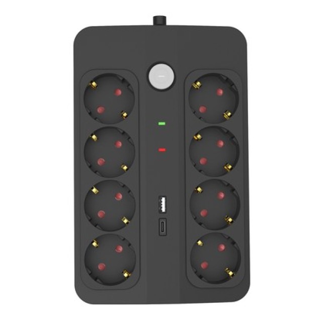 POWERTECH πολύπριζο ασφαλείας PT-1535, 8 θέσεων, με USB & USB-C θύρες, 16A, 1.5m, μαύρο