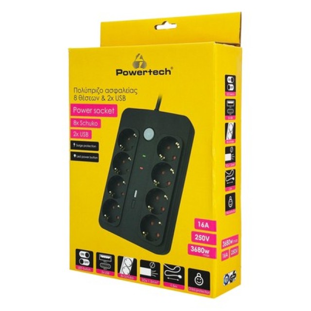 POWERTECH πολύπριζο ασφαλείας PT-1535, 8 θέσεων, με USB & USB-C θύρες, 16A, 1.5m, μαύρο