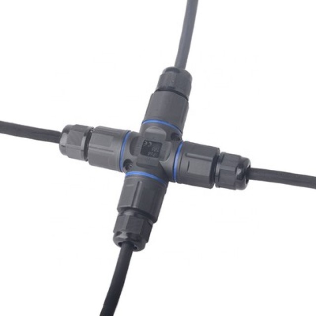 POWERTECH αδιάβροχος σύνδεσμος καλωδίων τροφοδοσίας TOOL-0114, τύπου σταυρός, 3pin, IP68, μαύρος