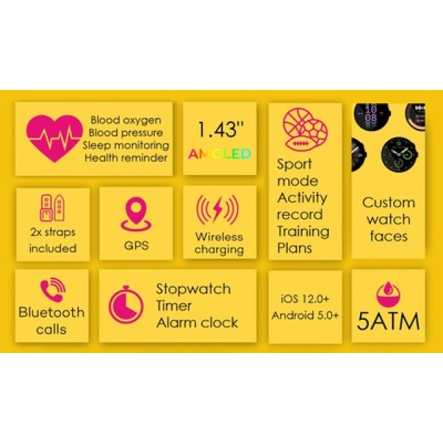 INTIME smartwatch G6 με 2x λουράκια, heart rate, 1.43" AMOLED, GPS, 5ATM, μαύρο