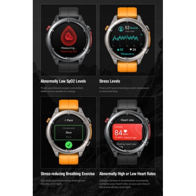 ZEBLAZE smartwatch Stratos 4 με φακό, heart rate, 1.43" AMOLED, GPS, 5 ΑΤΜ, MIL-STD-810H, μαύρο