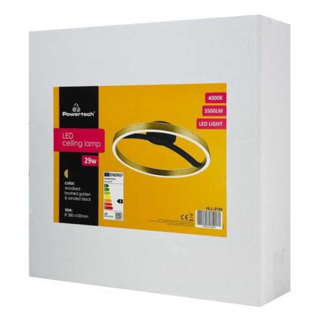 POWERTECH LED φωτιστικό οροφής HLL-0199, 29W, 4000K, Φ38x10cm, χρυσό/μαύρο