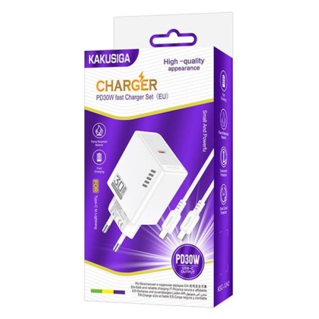 KAKUSIGA φορτιστής τοίχου KSC-1242 με καλώδιο USB-C, USB-C, 30W, λευκός