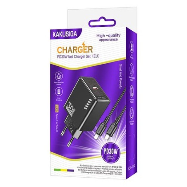 KAKUSIGA φορτιστής τοίχου KSC-1242 με καλώδιο USB-C, USB-C, 30W, μαύρος