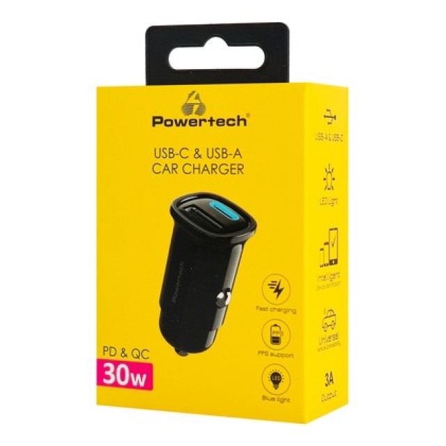 POWERTECH φορτιστής αυτοκινήτου PT-1538, USB & USB-C, 30W, μαύρος