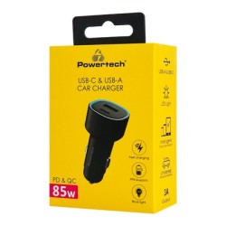 POWERTECH φορτιστής αυτοκινήτου PT-1539, USB & USB-C, 85W, μαύρος
