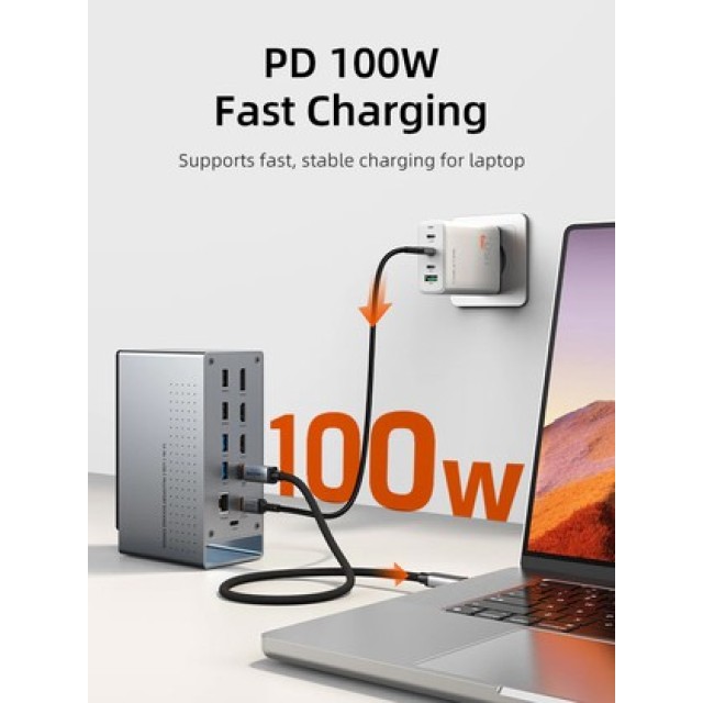 CABLETIME docking station CT-DK181-AG, 16 θυρών, USB-C σύνδεση, 100W PD, 1000Mbps, MST, γκρι
