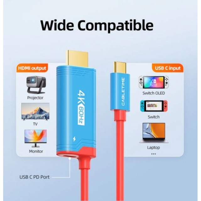 CABLETIME καλώδιο USB-C σε HDMI CT-CMHD4P, 4K/60Hz, PD100W, 2m, κόκκινο