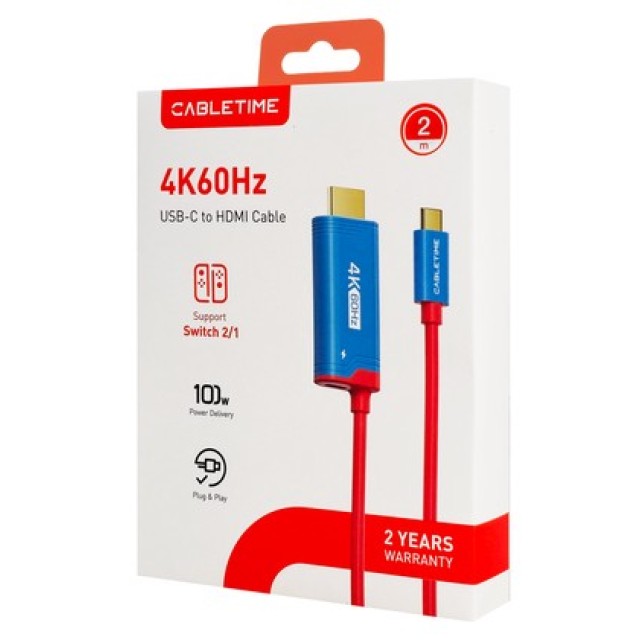 CABLETIME καλώδιο USB-C σε HDMI CT-CMHD4P, 4K/60Hz, PD100W, 2m, κόκκινο