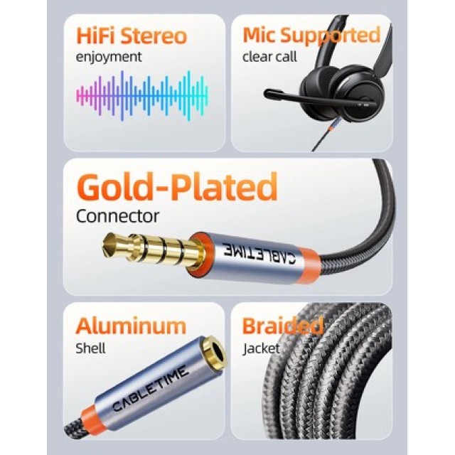 CABLETIME καλώδιο προέκτασης ήχου 3.5mm CT-AE35M, gold plated, 3m, μαύρο