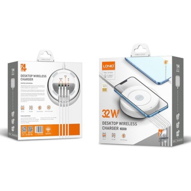 LDNIO σταθμός φόρτισης AW003, USB-C/3x USB/wireless, 32W, PD/QC, λευκός