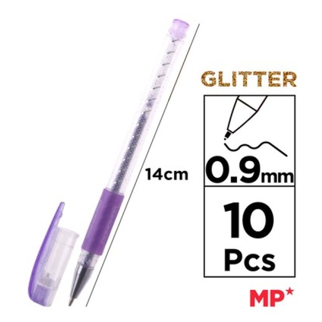 MP σετ στυλό διαρκείας ballpoint PE105 με glitter, 0.9mm, διάφορα χρώματα, 10τμχ
