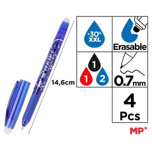 MP σετ στυλό διαρκείας PE217-4, erasable, 0.7mm, διάφορα χρώματα, 4τμχ