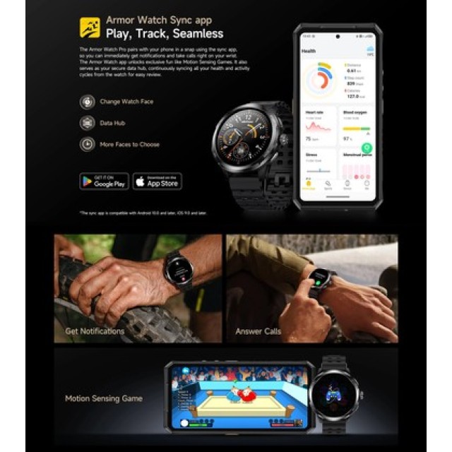 ULEFONE smartwatch Armor Watch Pro, 2x λουράκια, heart rate, 1.50" AMOLED, GPS, 5 ΑΤΜ/IP68/IP69K/MIL-STD-810H, μαύρο