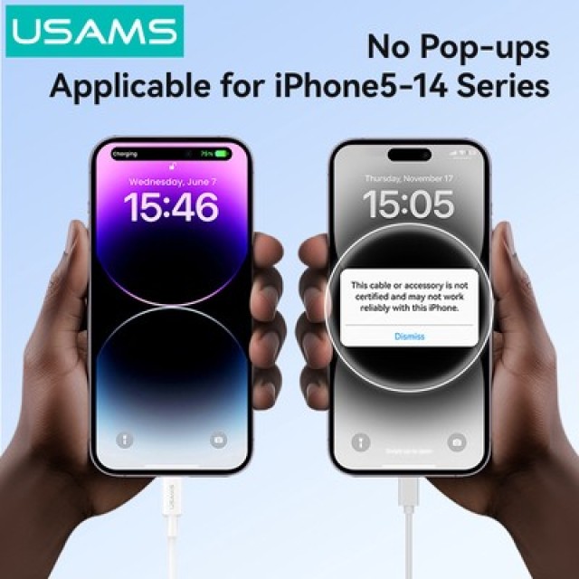 USAMS καλώδιο Lightning σε USB SJ762, 2.4A 12W, 480Mbps, 1m, λευκό